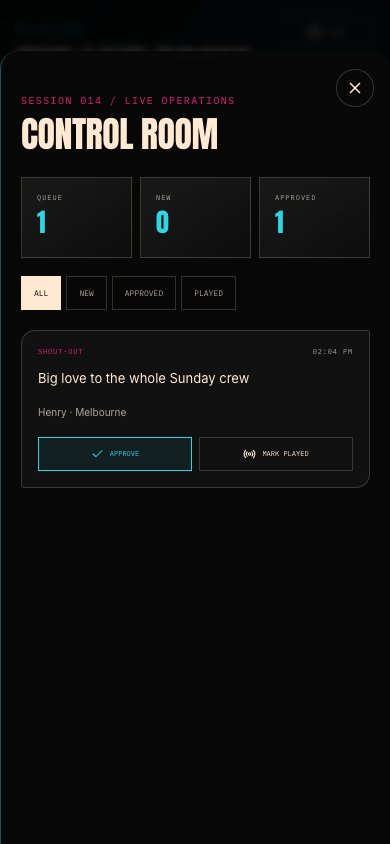 The Control Room screen: a moderation queue with one approved shout-out reading 'Big love to the whole Sunday crew'